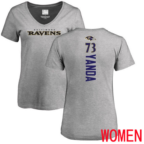 Baltimore Ravens Ash Women Marshal Yanda Backer V-Neck NFL Football #73 T Shirt->women nfl jersey->Women Jersey